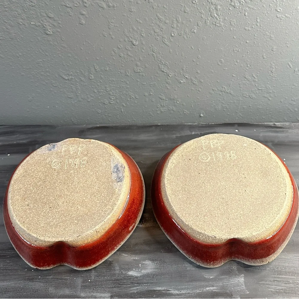 Vintage 1998 PBP red Stoneware individual apple shaped bakers set of 2 signed